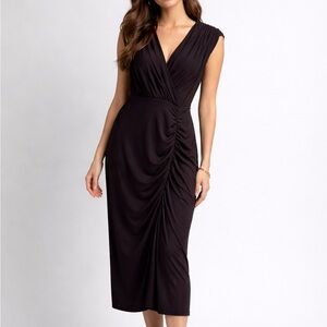 🆕Gianni Bini Black Ruched Midi Dress Size L Draped Elegant Bodycon Stretch Dress